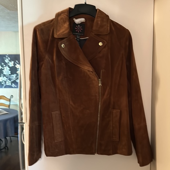 Cognac suede Isaac Mizrahi moto jacket - Picture 2 of 3